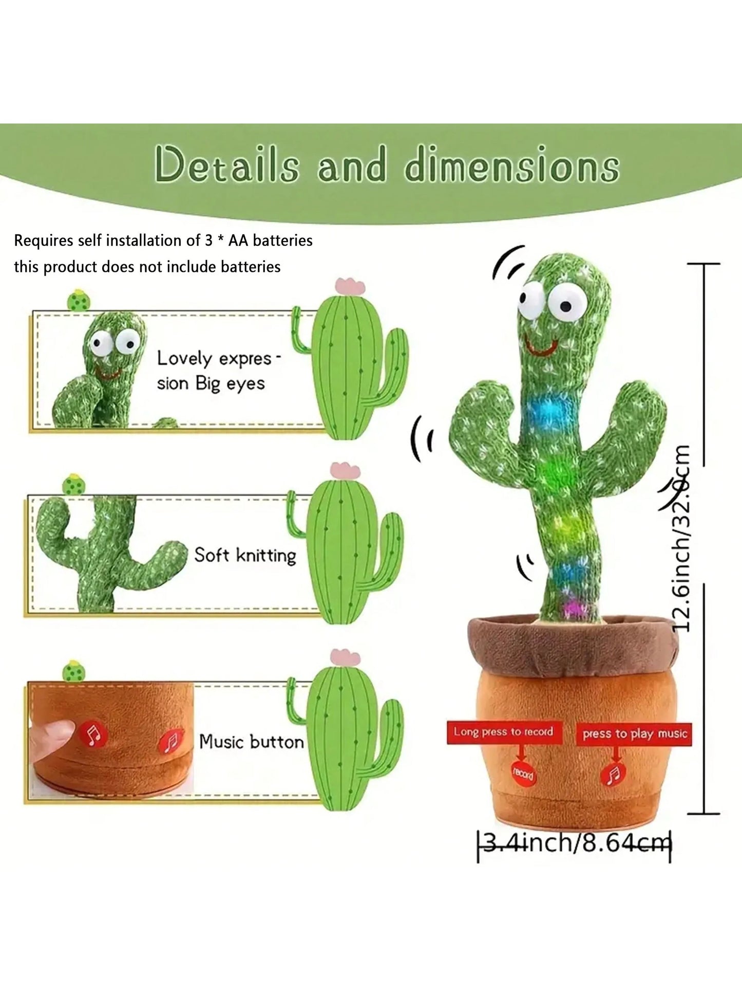 1 Stück: Tanzendes, sprechendes Kaktus-Spielzeug für Jungen und Mädchen, singend, imitierend, aufzeichnend, wiederholend, was Sie sagen, Sunny Cactus Up Plus