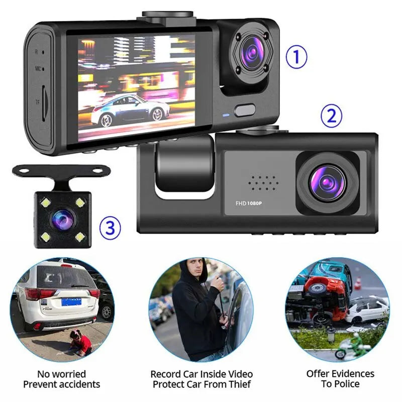 Dashcam mit IR-Nachtsicht-Loop-Aufnahme und 2-Zoll-IPS-Bildschirm, 1080P, 3 Kameras, DVR-Recorder, Videorecorder, Fahrzeug-DVR