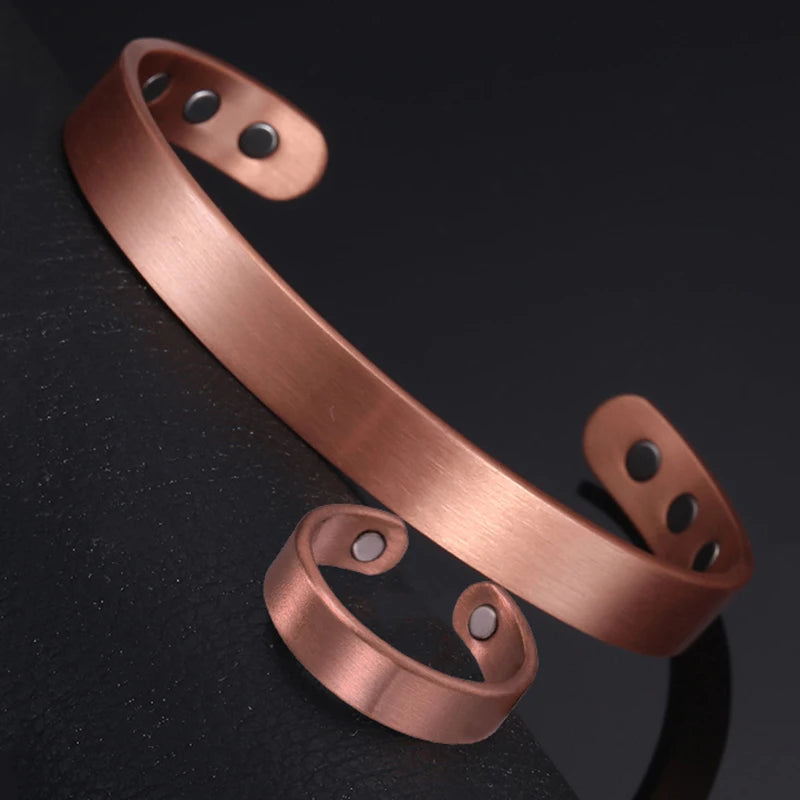 Pulsera y anillos de cobre. Set Pure Copper Bracelets and Rings Simplicity Cuff Magnetic Bangles for Women Men Arthritis Health Solid Copper Jewelry